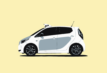 Illustration of a Futuristic White Smart Car Featuring Autonomous Technology and Sleek Design Against Yellow Background