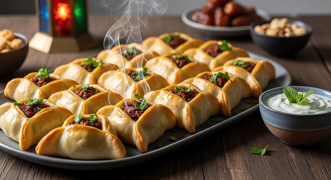 steaming middle eastern meat pastries sfiha or fatayer served with a mint yogurt dip on a wooden table ideal for iftar.