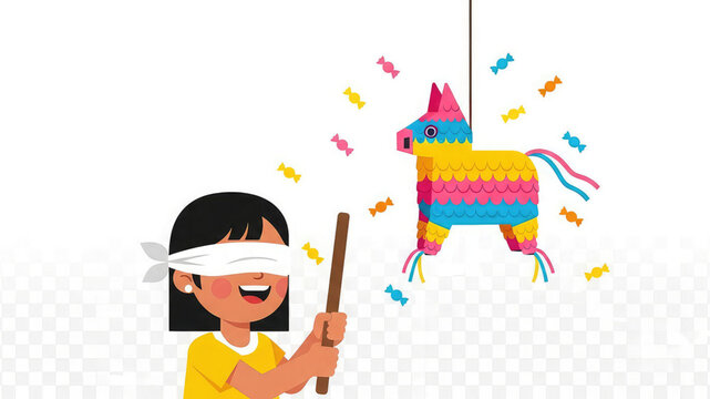 A smiling blindfolded girl holding a stick hitting a colorful piata filled with candy