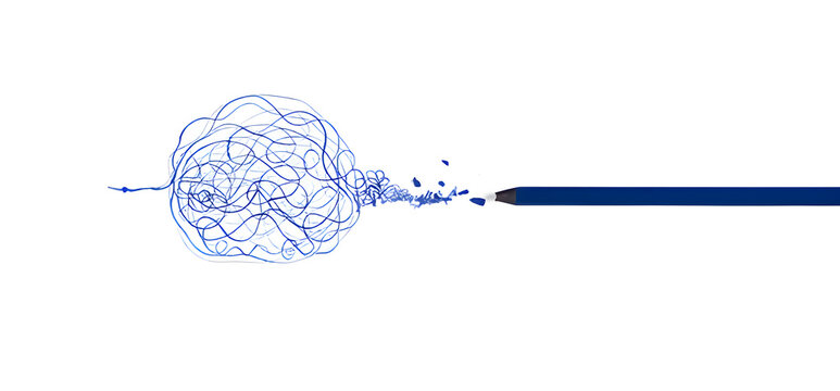 Brainstorm concept with blue pencil creating mind map on white background