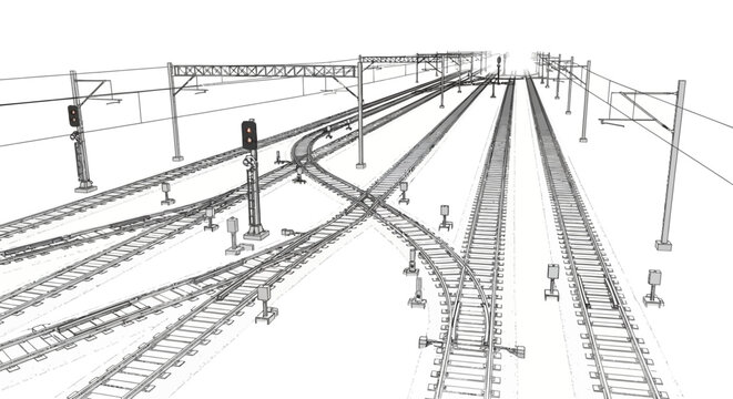 Railway junction and train tracks layout with signals and overhead lines.