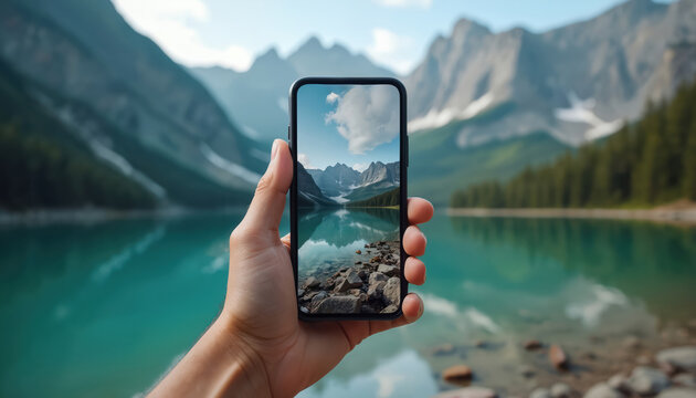 Person holds phone taking picture of mountain lake scenery. Calm blue water reflects snow capped peaks and green pine forest. Scenic landscape view from handheld device.