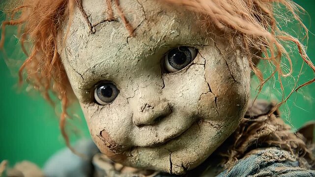 A haunting close-up of an antique doll, evoking a sense of unease and nostalgia, suitable for horror themes or symbolic storytelling.