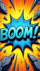 Fototapeta premium Explosion effect with the word BOOM. Rocks fly outwards from a bright yellow and orange background. Comic book art style with sharp lines and vibrant colors. Dynamic action scene.