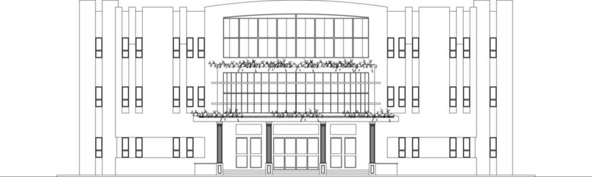 Technical architectural elevation drawing showing symmetrical building facade with central arched entrance, columns, decorative elements and flanking wings.