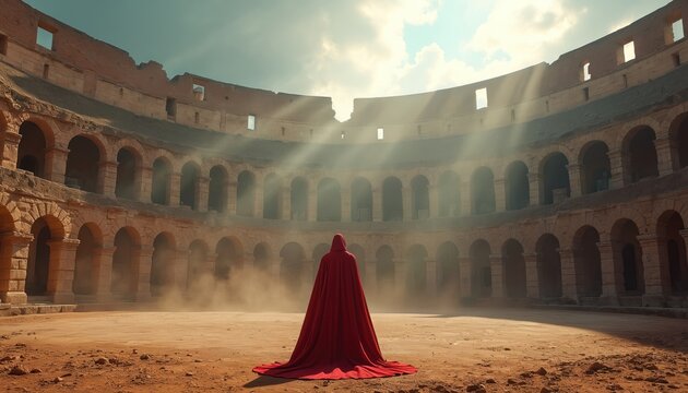 Red cloaked person stands alone inside ancient coliseum ruins. Sunlight beams through archways illuminating dusty arena floor. Dramatic historical scene, sense of mystery and solitude.