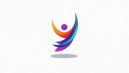 Obraz premium Stylized abstract human figure jumps with joy, arms raised in celebration. Colorful gradient curves suggest motion, energy, and positive growth. Isolated clean logo design.