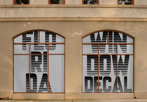 Real photo of Two Arched Windows in Florida storefront. PSD template mockup.