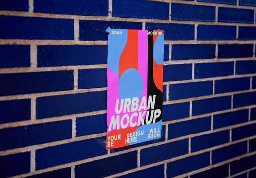 Real photo of Mockup Poster on Blue Brick Wall. PSD template mockup.