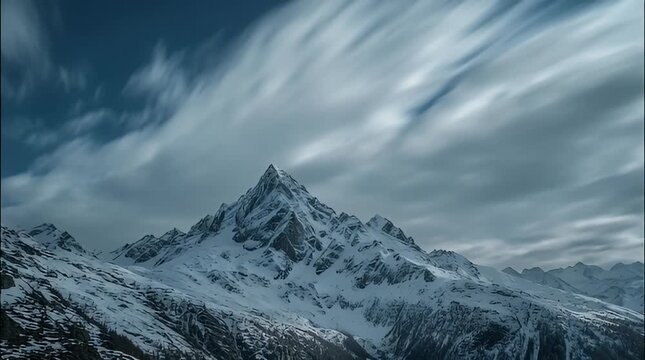 Snow-capped Mountain Peaks Under Dramatic Cloudy Sky Landscape