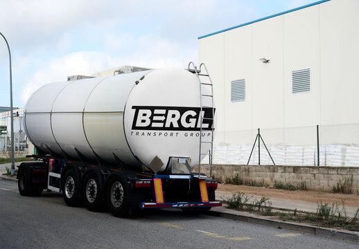 Real photo of Tanker Trailer By the Road. PSD template mockup.