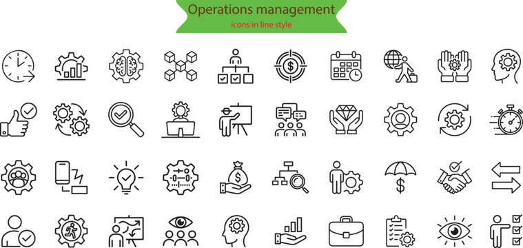 Operations management web icons in line style. Logistics, business process, maintenance, supply chain, improvement, planning, collection.