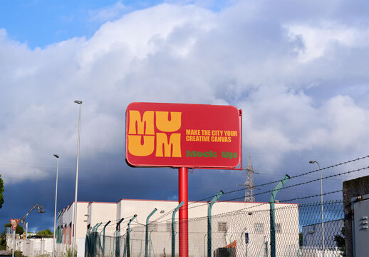 Real photo of Sign on Pylon at Outdoor Location. PSD template mockup.