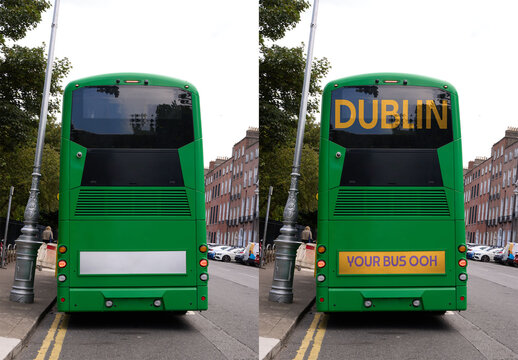 Real photo of Green Bus Parked on Street in Dublin. PSD template mockup.