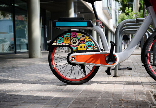 Real photo of Urban Bike in Barcelona on City Street. PSD template mockup.