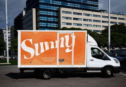 Real photo of Delivery Van Parked in Urban Area. PSD template mockup.