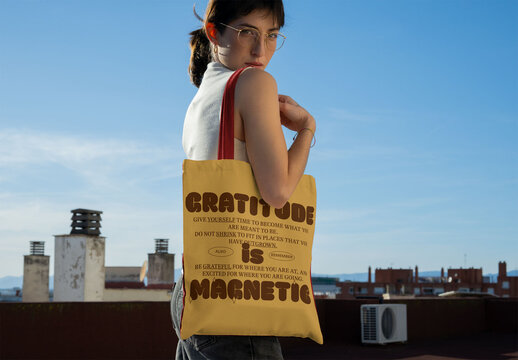 Real photo of woman With Tote on Rooftop. PSD template mockup.