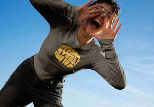 Real photo of woman wearing Outdoor Long-Sleeve T-shirt. PSD template mockup.