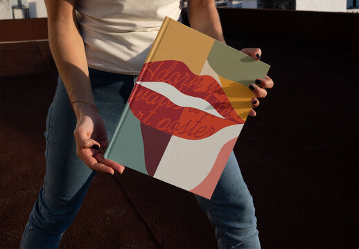 Real photo of woman with Notebook Cover in Hands. PSD template mockup.