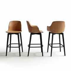 Three light brown wooden bar stools with black legs, accents shown from different angles. Modern furniture curved seats, backrests with visible wood grain texture. Set of contemporary chairs with
