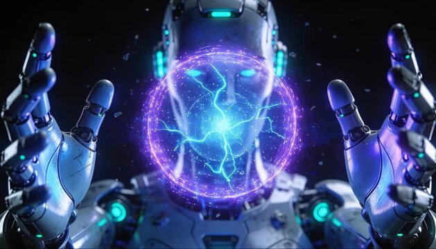 A futuristic robot with glowing blue lights and a neon purple circle video