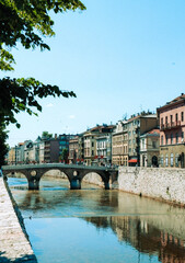 Obraz premium View of the Latin Bridge in Sarajevo, Bosnia and Herzegovina. Historic stone bridge, old European architecture