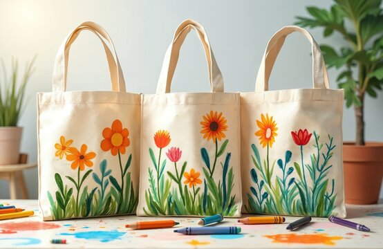 Three canvas tote bags feature hand-painted floral designs. Each bag shows colorful flowers and green leaves. Art supplies like crayons lay on table. Background has plants.
