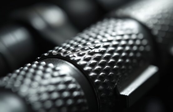 Macro shot metal knurled grip textured surface. Geometric pattern on mechanical component. Industrial machine part close up. Dark background, shiny.