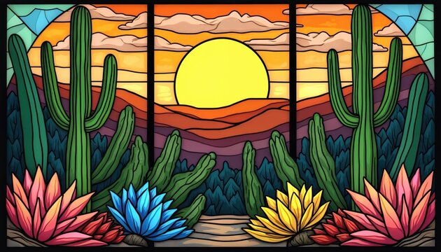 Desert sunset scene with cacti and agaves in stained glass style. Warm colors and abstract landscape create a vibrant desert vista. Cactus garden glows under bright sun.
