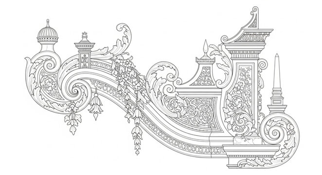 Intricate Victorian ornamental scrollwork design with crowns and columns.