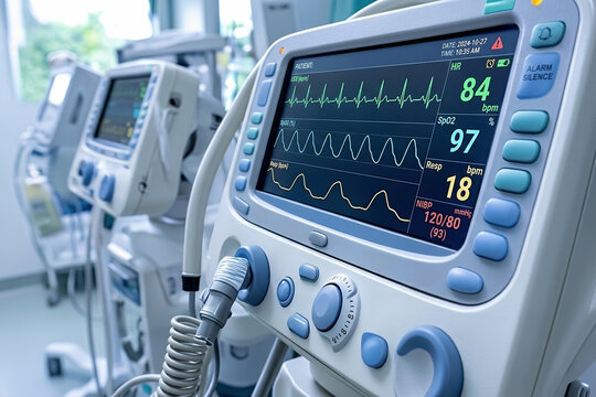 High resolution ICU medical monitor with continuous heart rate, oxygen, and respiratory data in hospital for emergency treatment, patient stabilization, advanced clinical diagnostics, life support.