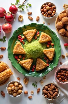 Azerbaijan sweets with nuts and apples on table. Festive semeni, shekerbura, qogal, paxlava, mutaki for Novruz holiday. Sweet treats and natural ingredients for celebration.
