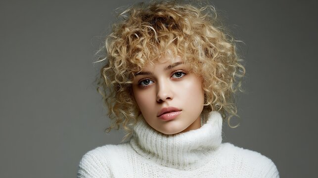 A young woman with curly blonde hair wearing a white turtleneck sweater against a gray background
