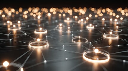 Illuminated nodes connect across a dark digital network structure in a modern abstract composition.