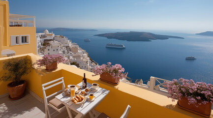 Fototapeta premium Enjoying breakfast on a yellow terrace in Santorini, with panoramic views of the sea, white villages, and a cruise ship.