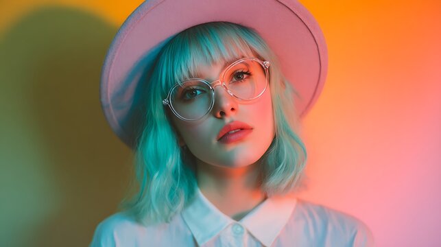 A young woman with vibrant blue hair and stylish glasses posing in front of a colorful background