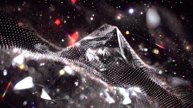 Abstract crystalline structure illuminates a dark, shimmering field with scattered points of light