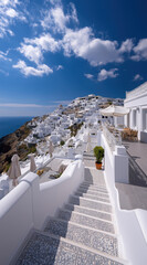 Fototapeta premium Looking down a long, white stairway in Santorini over a dense village to the sparkling ocean and sky.
