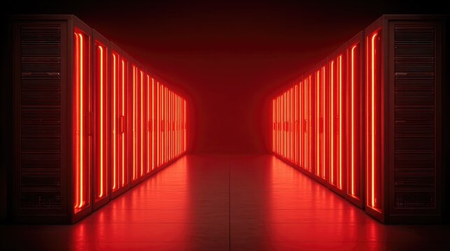 Rows of illuminated electronic equipment cabinets line a dark corridor, casting a red glow
