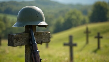 Obraz premium Military helmet and rifle rest on wooden cross in cemetery with blurred crosses behind. Memorial to fallen soldier honors sacrifice. Outdoor battlefield graveyard.