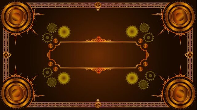 Vintage steampunk banner with golden gears, ornate decorative frame and mechanical elements on dark brown gradient background. Luxury industrial design template with copy space for text