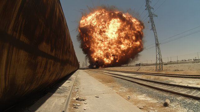 Massive train explosion erupts in a fiery inferno next to a cargo train on tracks