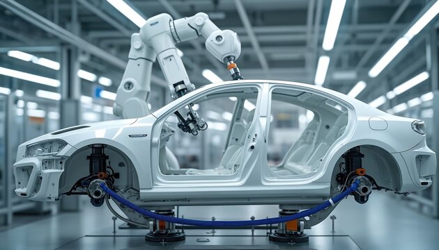 Robotic arm works on white car body chassis in modern auto factory. Automated assembly line builds vehicle at industrial manufacturing plant with advanced tech machinery.