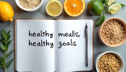Fototapeta premium Open notebook with handwritten text healthy meals healthy goals. Flat lay with fresh oranges lemons limes oats and herbs on grey background. Nutrition planning.