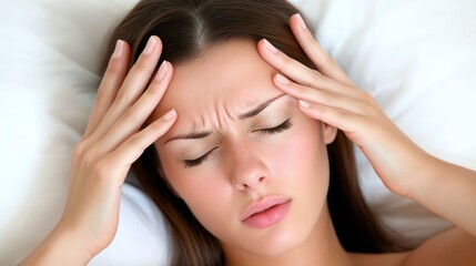 Fototapeta premium Young Woman Experiencing Headache, Lying in Bed with Hands on Forehead, Eyes Closed
