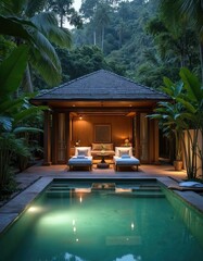 Fototapeta premium Tropical resort cabana features private plunge pool and lounge chairs. Lush jungle foliage surrounds luxury villa. Peaceful outdoor retreat.