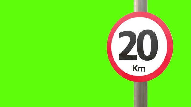 Speed limit sign indicating 20 km on a green background. The round sign has a red border and black numbers.