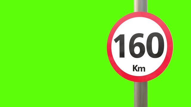 A speed limit sign indicates 160 km on green background. The round sign shows red edges and the number 160.
