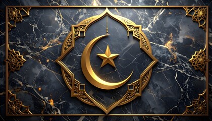 Naklejka premium Elegant professional ramadan kareem banner with Islamic crescent moon and star symbol on a luxurious marble background, perfect for cultural and religious celebrations