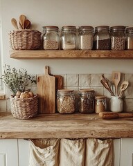 An inviting kitchen scene featuring beautifully arranged jars and baskets on wooden shelves, showcasing a warm and organized space that's perfect for culinary enthusiasts.